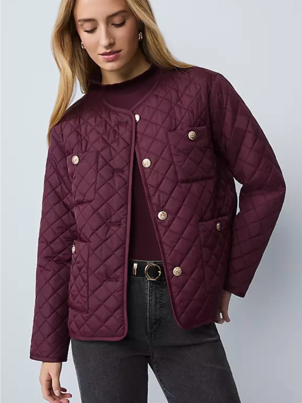 Ann Taylor Weekend Quilted Boxy Jacket in Deep Plum burgundy gold button NWT